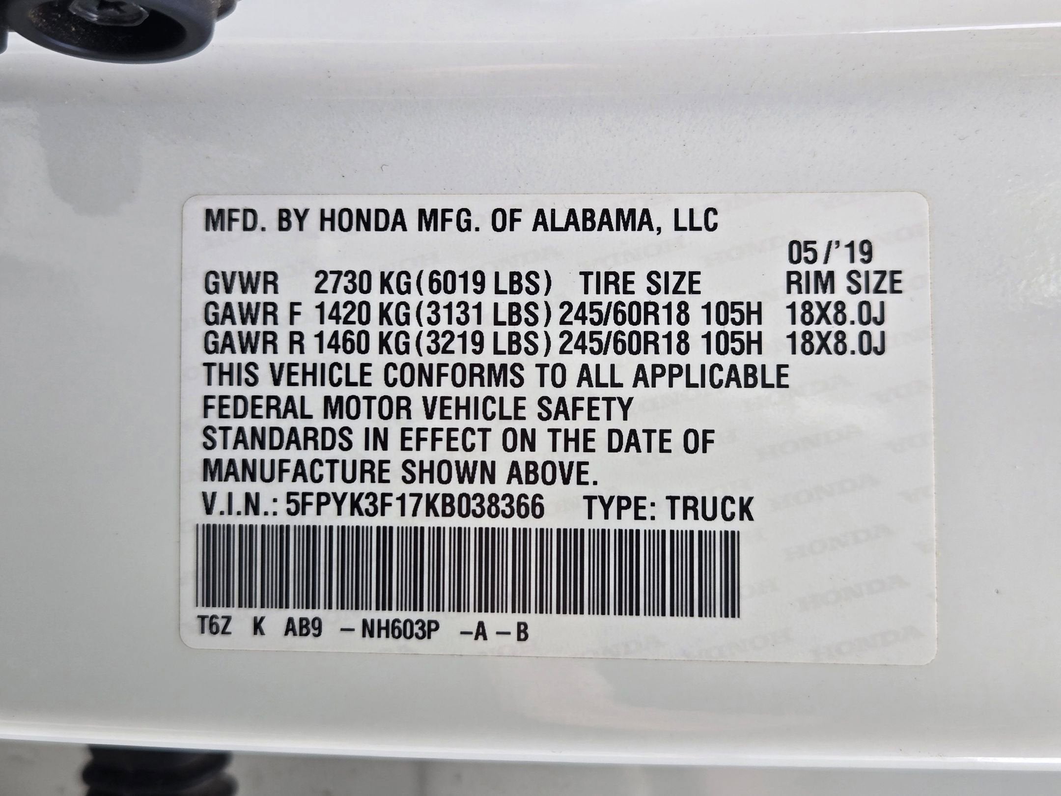 2019 Honda Ridgeline AWD Sport